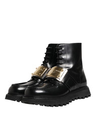 Dolce & Gabbana Black Leather DG Plaque Lace Up Boots Shoes