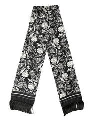 Dolce & Gabbana Black White Silk Floral Print Fringe 136cm X 15.5cm Scarf