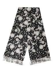 Dolce & Gabbana Black Silk Sun Moon Star Fringe Foulard 178cm X 33cm Scarf