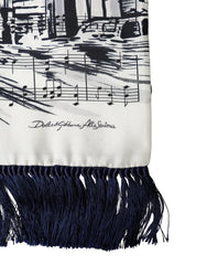 Dolce & Gabbana White Black Music City Print Silk Fringe 141cm X 15cm Scarf
