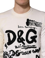 Dolce & Gabbana White Virgin Wool Graphic Logo Crewneck Sweater