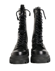 Dolce & Gabbana Black Leather Trek Sole Combat Boots Shoes