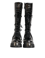 Dolce & Gabbana Black Leather Knee High Combat Boots Shoes