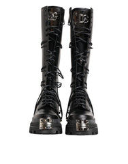 Dolce & Gabbana Black Leather Knee High Combat Boots Shoes