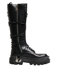 Dolce & Gabbana Black Leather Knee High Combat Boots Shoes