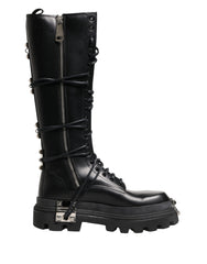 Dolce & Gabbana Black Leather Knee High Combat Boots Shoes