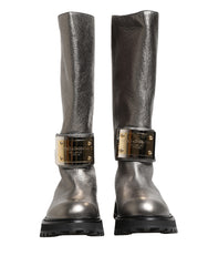 Dolce & Gabbana Metallic Silver Leather Mid Calf Boots Shoes