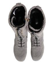 Dolce & Gabbana Gray Shearling Lace Up Knee High Boots Shoes