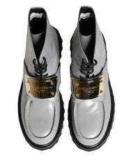 Dolce & Gabbana Gray Leather Logo Plaque Ankle Boots Shoes