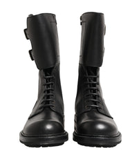 Dolce & Gabbana Black Leather Belted Buckle Combat Boots Shoes