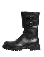Dolce & Gabbana Black Leather Belted Buckle Combat Boots Shoes