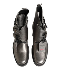 Dolce & Gabbana Metallic Silver Leather Buckle Ankle Boots Shoes
