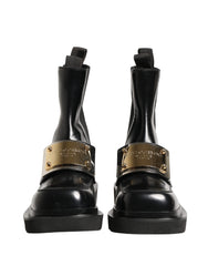 Dolce & Gabbana Black Leather Logo Plaque Ankle Boots Shoes