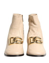 Dolce & Gabbana Beige Leather Logo Plaque Ankle Boots Shoes