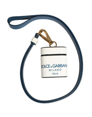 Dolce & Gabbana White Calf Leather Logo Flip Holder Strap Airpods Case