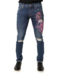 Dolce & Gabbana Blue Distressed Graffiti Print Skinny Jeans
