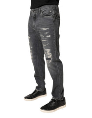 Dolce & Gabbana Dark Gray Tattered Cotton Loose Denim Jeans