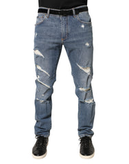 Dolce & Gabbana Blue Tattered Slim Fit Cotton Denim Jeans
