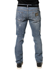 Dolce & Gabbana Blue Tattered Slim Fit Cotton Denim Jeans