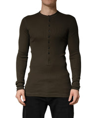 Dolce & Gabbana Brown Cotton Buttoned Henley Pullover Sweater