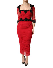Dolce & Gabbana Red Mesh Trim Bodycon Sheath Midi Dress