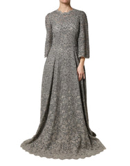 Dolce & Gabbana Gray Lace Long Sleeves Cotton Maxi Dress