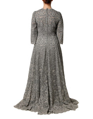 Dolce & Gabbana Gray Lace Long Sleeves Cotton Maxi Dress