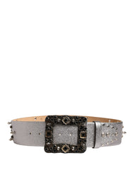Dolce & Gabbana Silver Leather Crystal Metal Buckle Belt