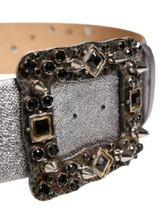 Dolce & Gabbana Silver Leather Crystal Metal Buckle Belt
