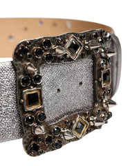 Dolce & Gabbana Silver Leather Crystal Metal Buckle Belt