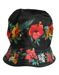 Dolce & Gabbana Men Black Floral Print Nylon Fisherman Cap Hat
