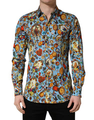 Dolce & Gabbana Blue Cotton Jewel Print Button Down GOLD Shirt