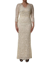 Dolce & Gabbana Off White Floral Lace Sheath Maxi Dress