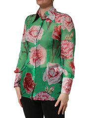 Dolce & Gabbana Green CarnationPrint Silk Collared Blouse Top