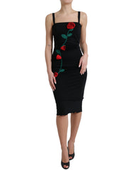 Dolce & Gabbana Black Wool Sleeveless Rose Applique Dress