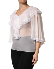 Dolce & Gabbana White LongSleeve Lace Trim Ruffled Blouse Top