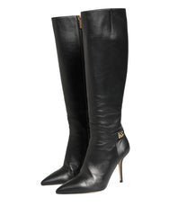 Dolce & Gabbana Black Leather Heels Knee High Boots Shoes