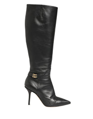 Dolce & Gabbana Black Leather Heels Knee High Boots Shoes