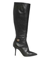 Dolce & Gabbana Black Leather Heels Knee High Boots Shoes