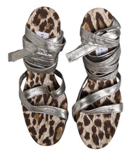 Dolce & Gabbana Silver Leather Platform Wedge Sandals Shoes