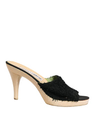 Dolce & Gabbana Black Fabric Fur Mule Wood Platform Heel Shoes