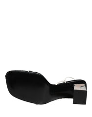 Dolce & Gabbana Silver Black Leather Block Heels Sandals Shoes