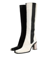 Dolce & Gabbana White Black Leather Knee High Boots Shoes