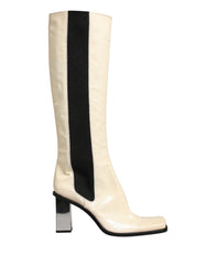 Dolce & Gabbana White Black Leather Knee High Boots Shoes