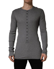 Dolce & Gabbana Gray Ribbed Cotton Long-Sleeve Henley T-shirt