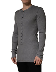 Dolce & Gabbana Gray Ribbed Cotton Long-Sleeve Henley T-shirt