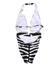 Dolce & Gabbana Black White Zebra Deep V-Neck One Piece Swimwear