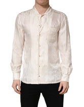 Dolce & Gabbana White Silk Long Sleeve Tonal Logo Print Shirt