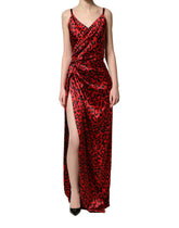 Dolce & Gabbana Red Leopard Print Silk Side Slit Maxi Dress
