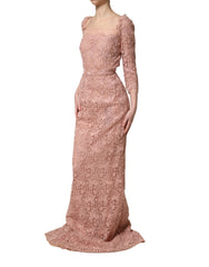Dolce & Gabbana Pink Lace Long-Sleeved Evening Gown Dress